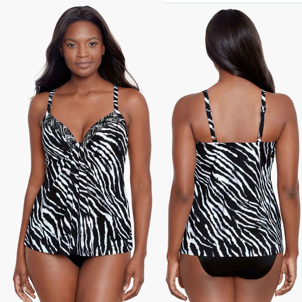 Miraclesuit Marina Tankini Top Tigre Sombre Womens Size 12 Black White‎ Swim